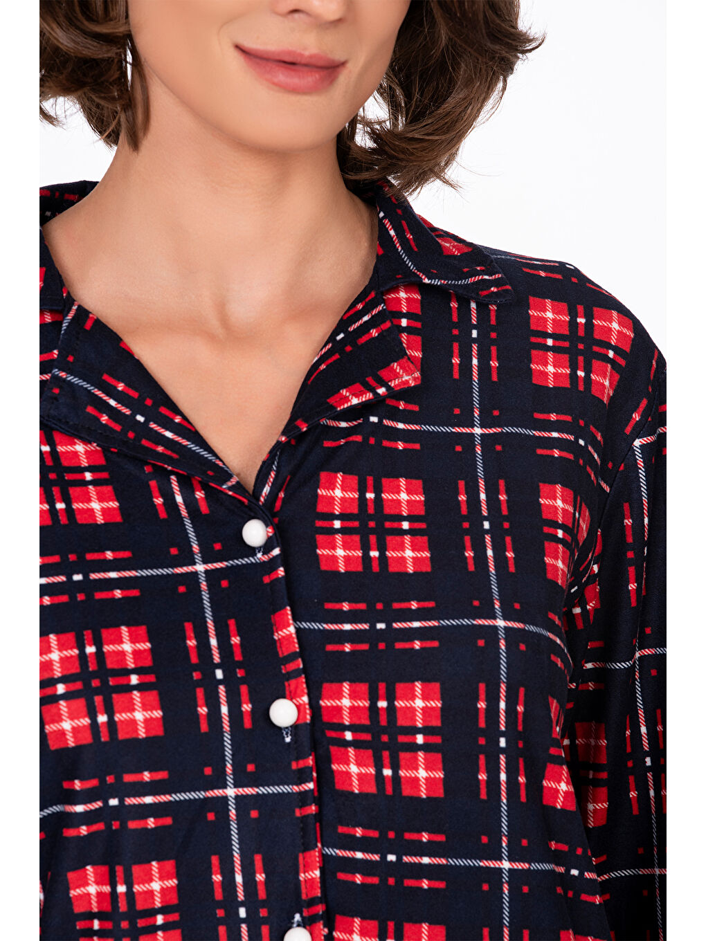 Kadın Süet Önden Düğmeli Pijama Takımı | Ekose Lacivert-2