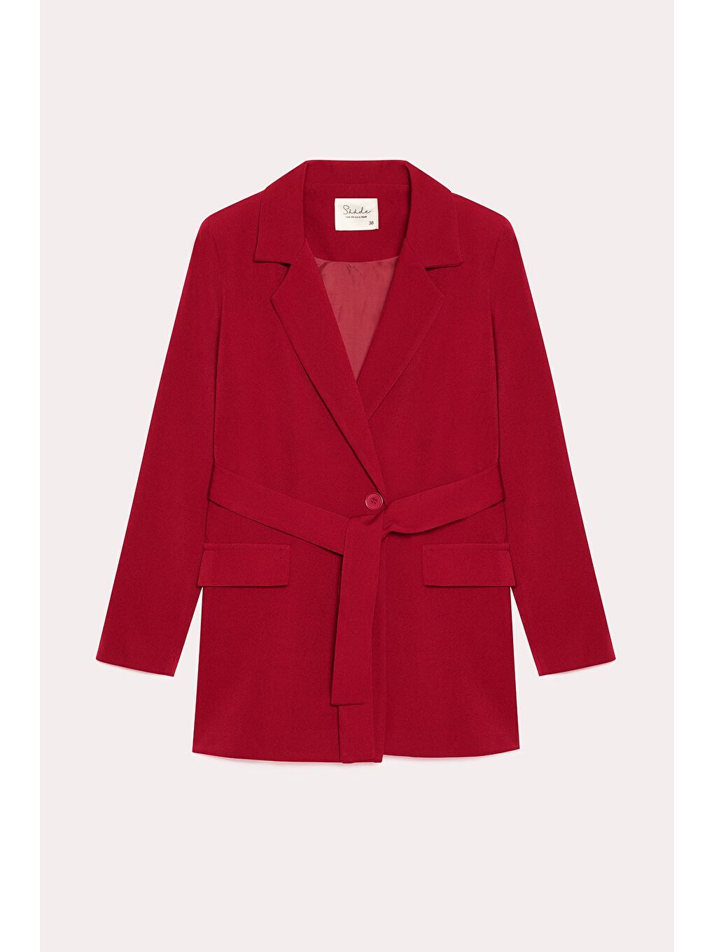 Kırmızı Kadın Tek Düğmeli Dokuma Kruvaze Blazer Ceket - Kuşaklı