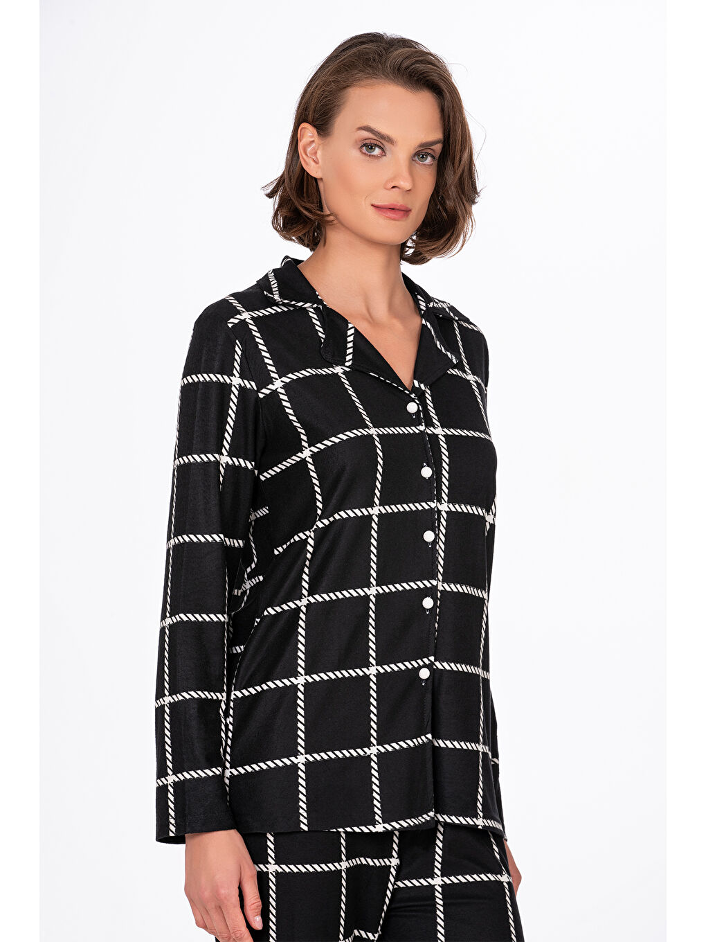 Siyah Kadın Süet Önden Düğmeli Pijama Takımı | Beyaz Çizgili-1