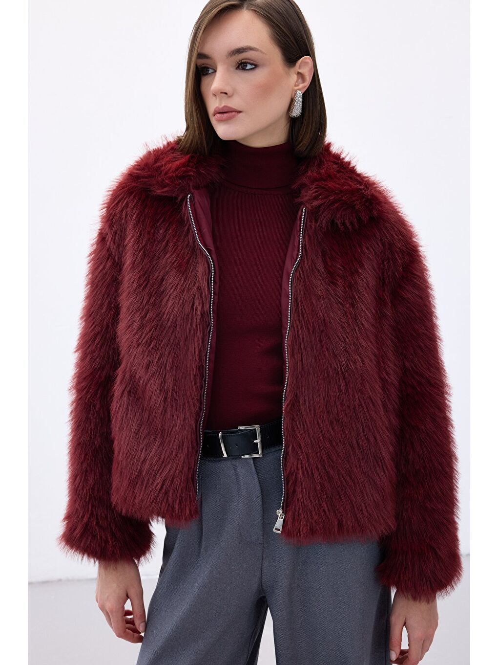 Fermuarlı Kürk - Bordo-1