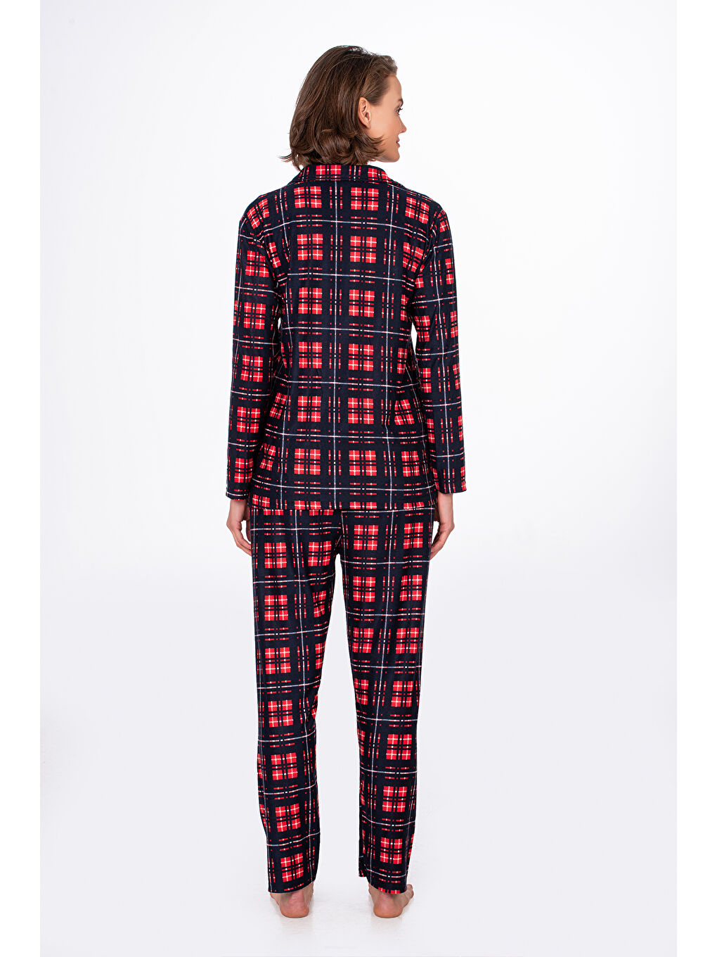 Kadın Süet Önden Düğmeli Pijama Takımı | Ekose Lacivert-3