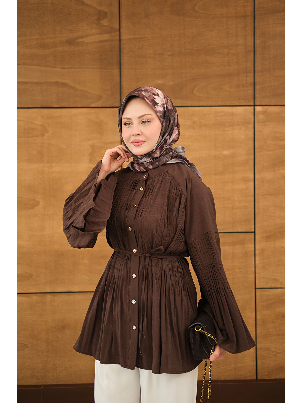 Kadın Martha Düğmeli Belden Bağlamalı Gömlek Kahverengi-1