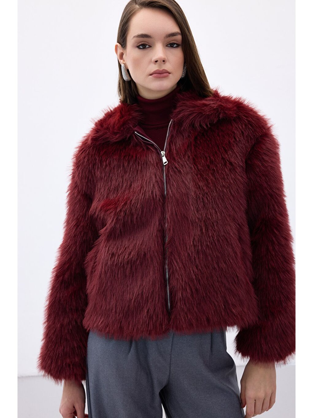 Fermuarlı Kürk - Bordo-2