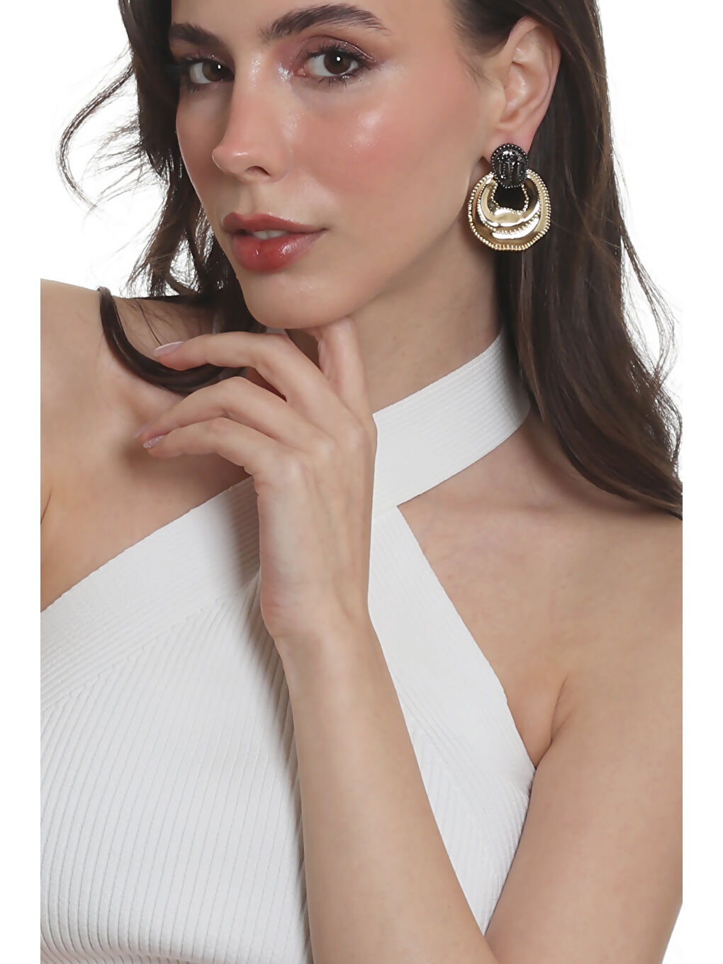 Sarı Kadın Çift Renk Yaprak Dokulu Çivili Model Çanta Formlu Küpe-4