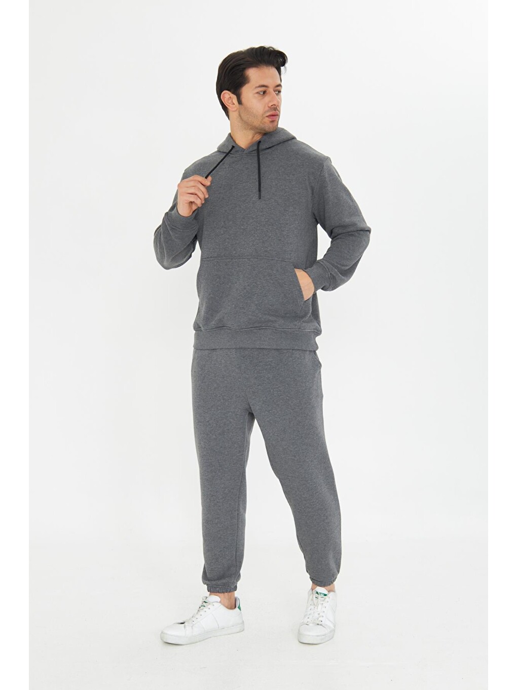 Antrasit Şardonsuz 3 Iplik Pamuklu Basic Kapüşonlu Unisex Eşofman Takımı 5737