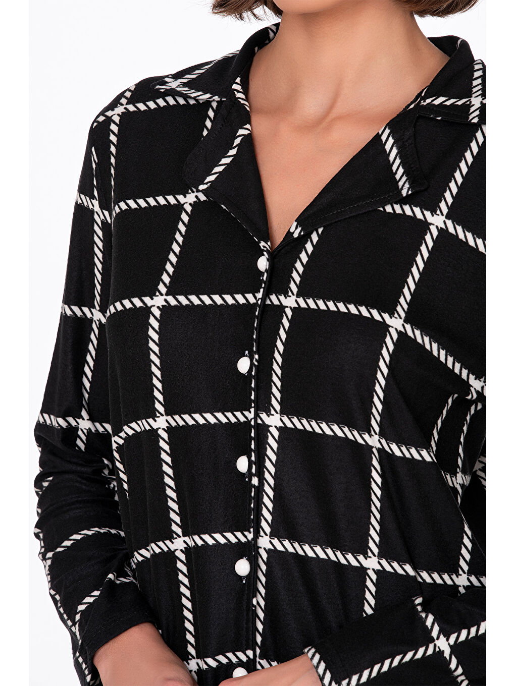 Siyah Kadın Süet Önden Düğmeli Pijama Takımı | Beyaz Çizgili-2