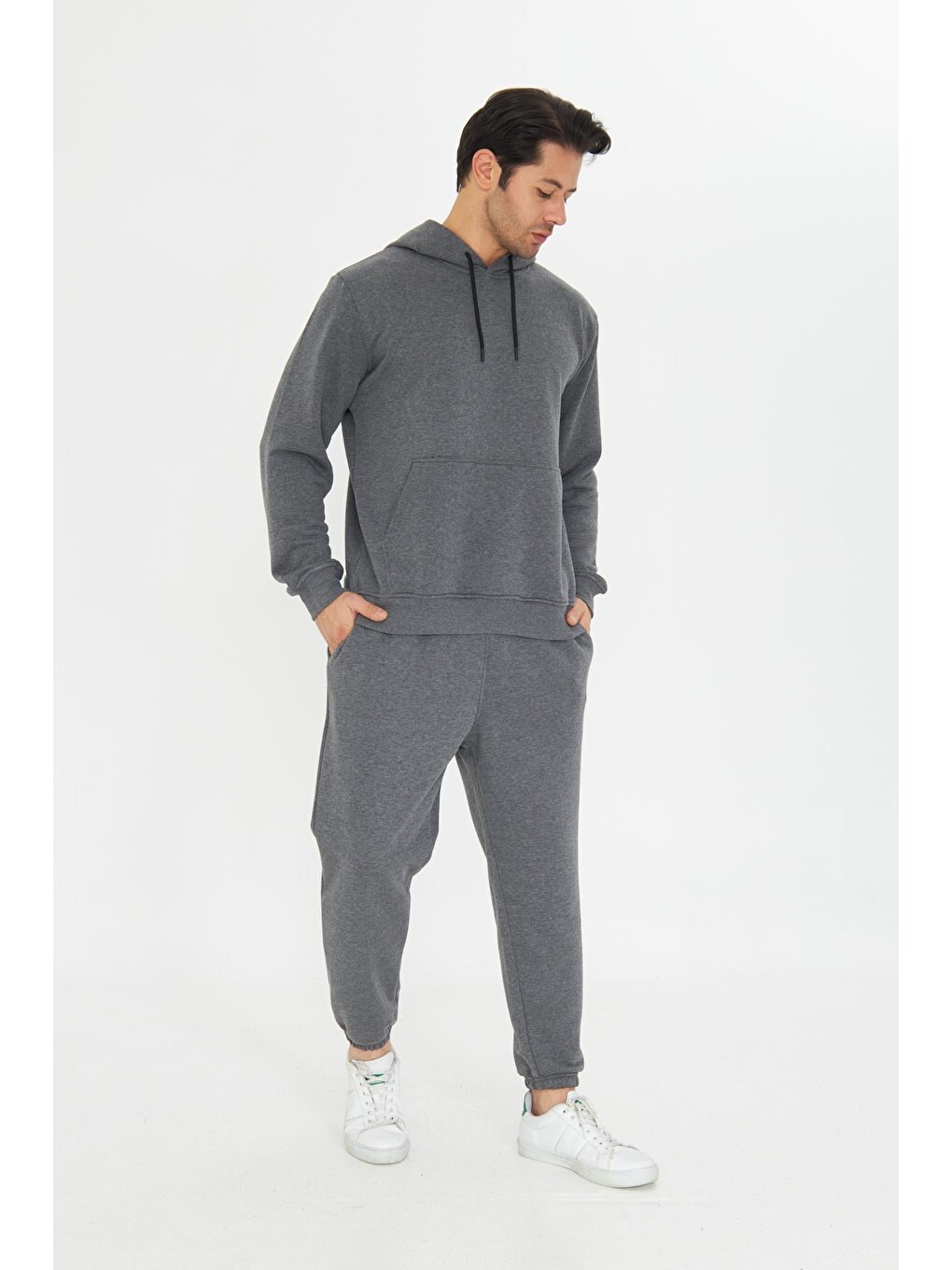 Antrasit Şardonsuz 3 Iplik Pamuklu Basic Kapüşonlu Unisex Eşofman Takımı 5737-1