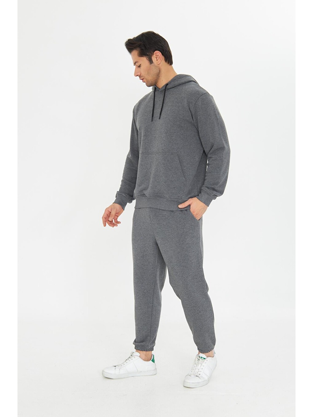 Antrasit Şardonsuz 3 Iplik Pamuklu Basic Kapüşonlu Unisex Eşofman Takımı 5737-2