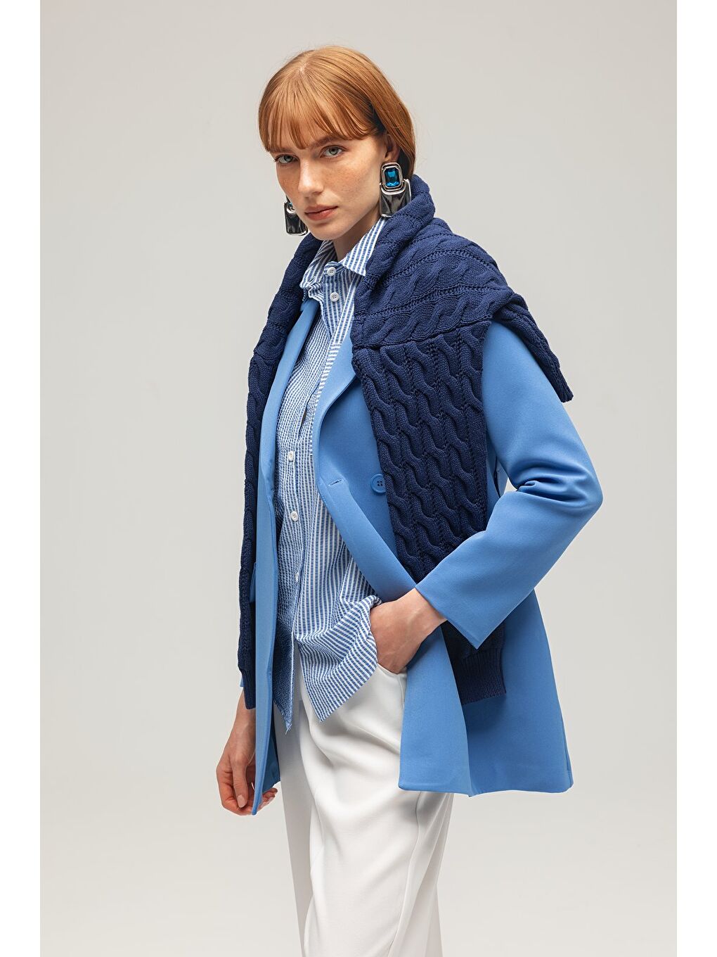 İndigo Kadın Tek Düğmeli Dokuma Kruvaze Blazer Ceket - Kuşaklı-1