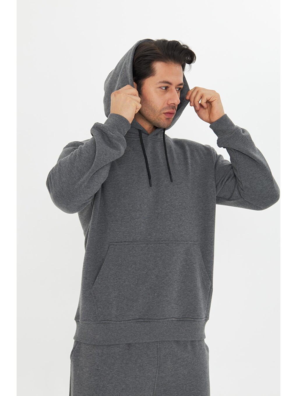 Antrasit Şardonsuz 3 Iplik Pamuklu Basic Kapüşonlu Unisex Eşofman Takımı 5737-3