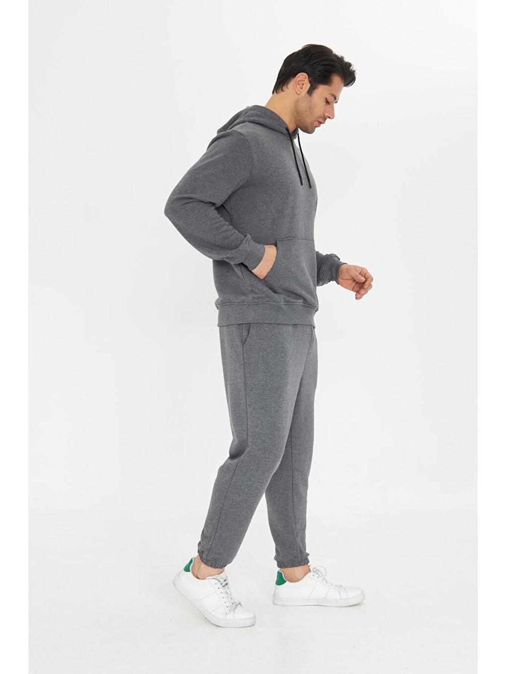 Antrasit Şardonsuz 3 Iplik Pamuklu Basic Kapüşonlu Unisex Eşofman Takımı 5737-4