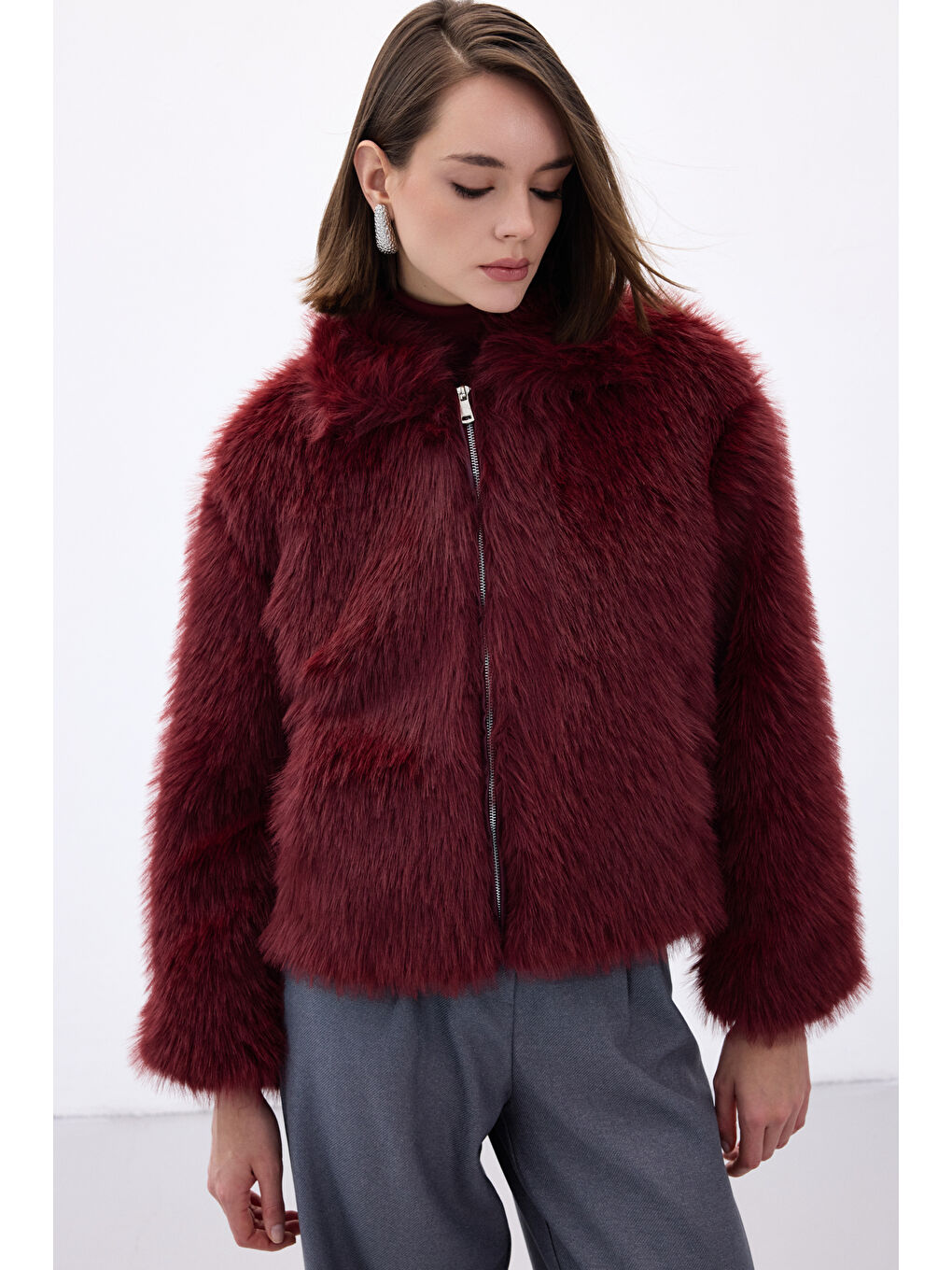 Fermuarlı Kürk - Bordo-3