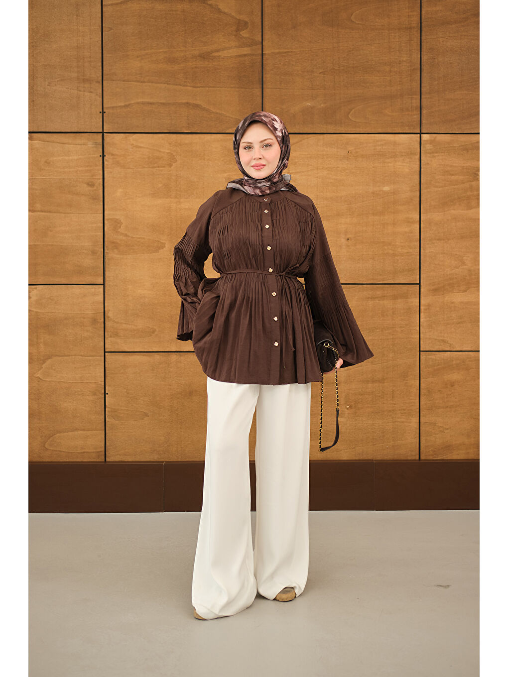 Kadın Martha Düğmeli Belden Bağlamalı Gömlek Kahverengi-2