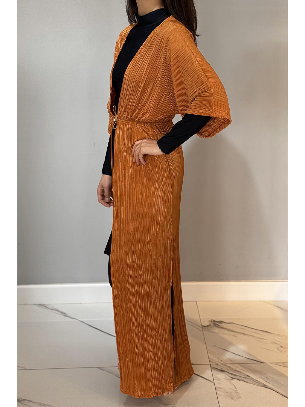 Kahverengi Piliseli Kimono Pareo Kaftan Bağlanabilir RPK004 Tarçın-1