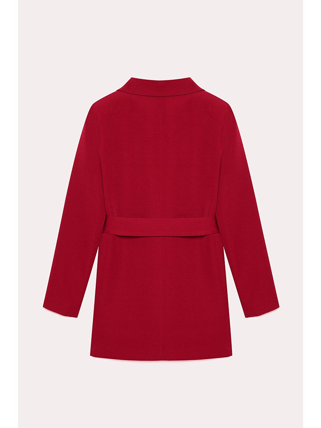 Kırmızı Kadın Tek Düğmeli Dokuma Kruvaze Blazer Ceket - Kuşaklı-4