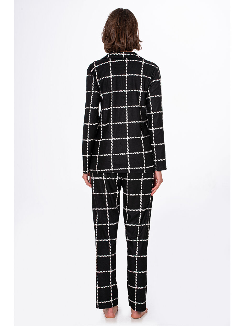 Siyah Kadın Süet Önden Düğmeli Pijama Takımı | Beyaz Çizgili-3