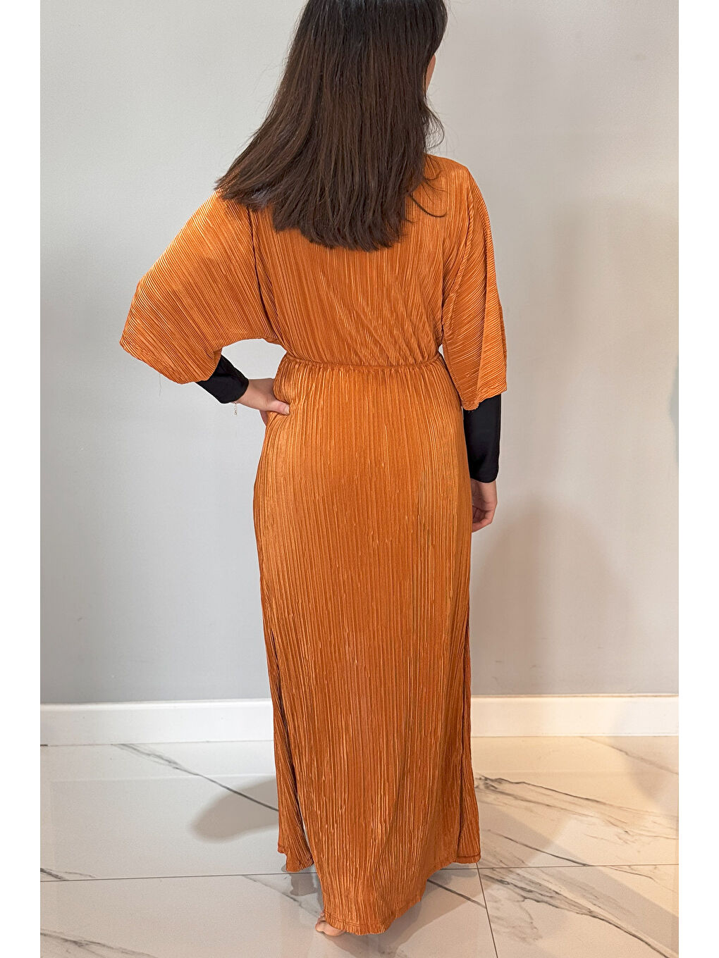 Kahverengi Piliseli Kimono Pareo Kaftan Bağlanabilir RPK004 Tarçın-2