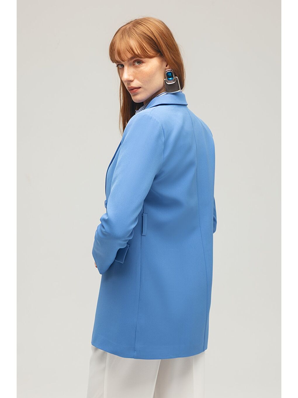 İndigo Kadın Tek Düğmeli Dokuma Kruvaze Blazer Ceket - Kuşaklı-2