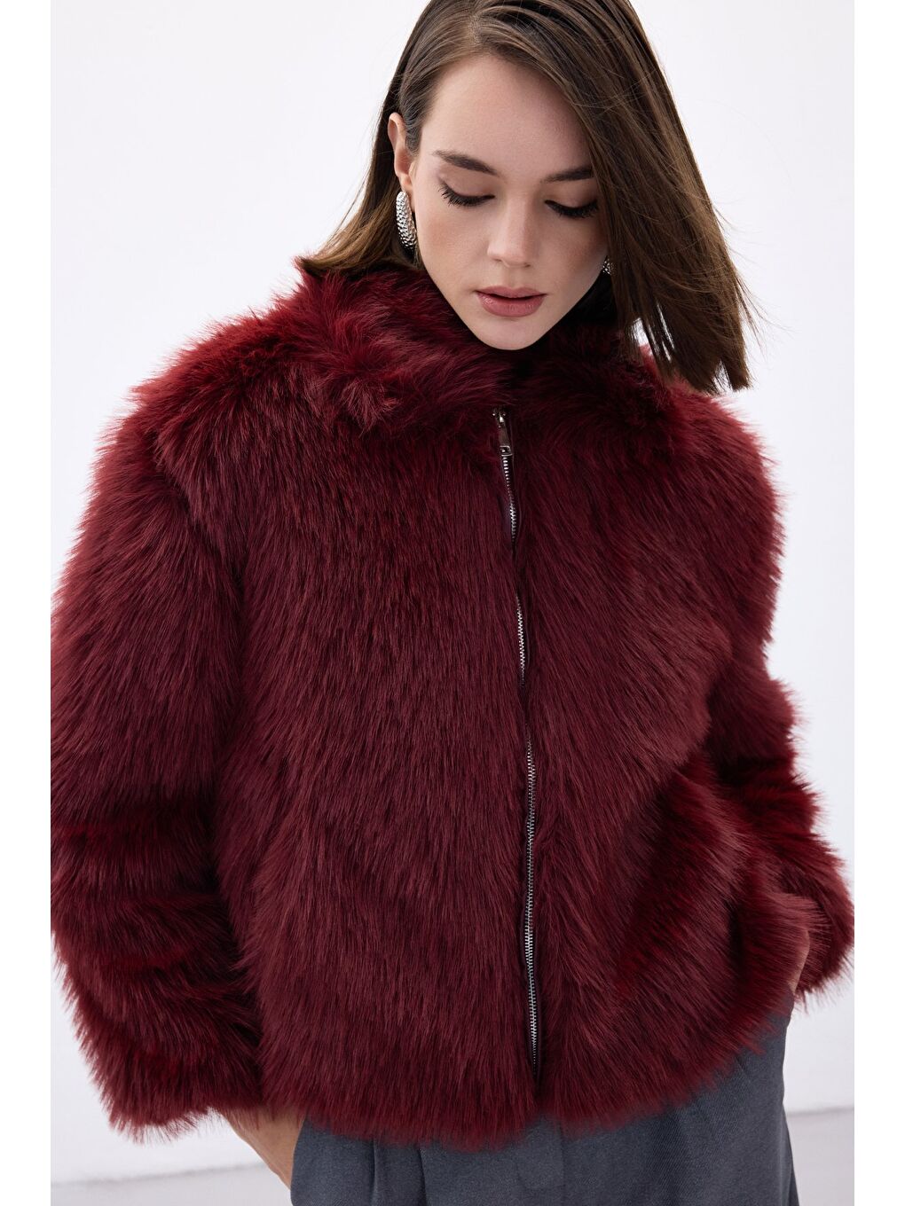 Fermuarlı Kürk - Bordo-4