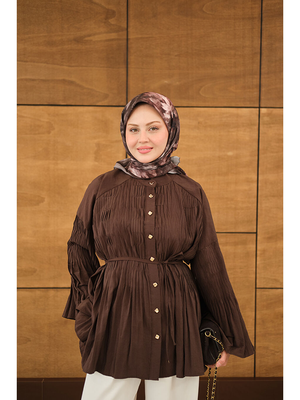 Kadın Martha Düğmeli Belden Bağlamalı Gömlek Kahverengi-3