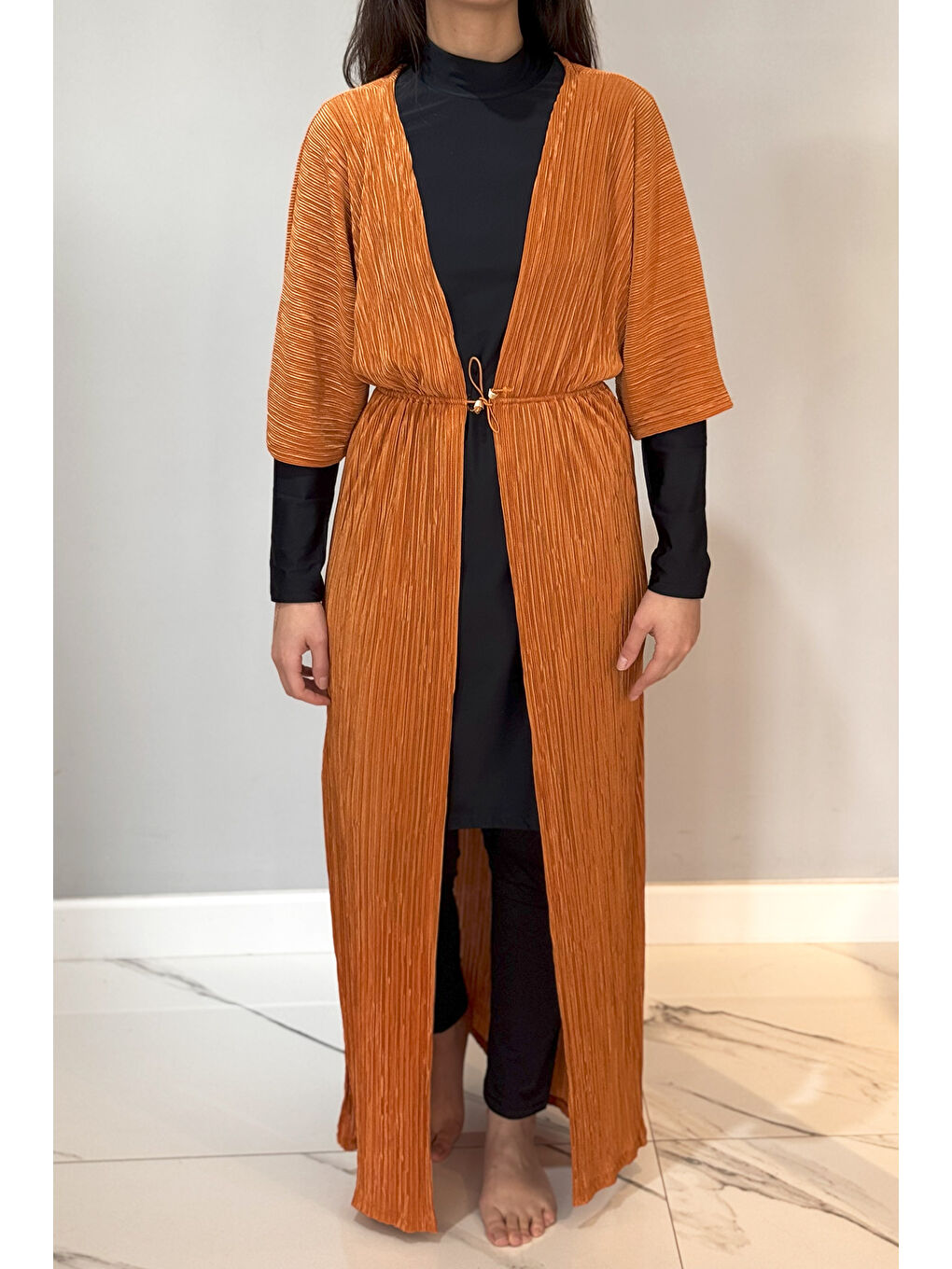 Kahverengi Piliseli Kimono Pareo Kaftan Bağlanabilir RPK004 Tarçın-3