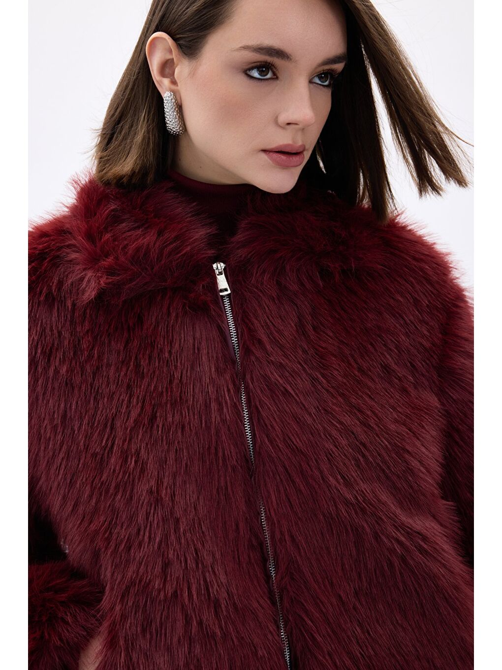 Fermuarlı Kürk - Bordo-5