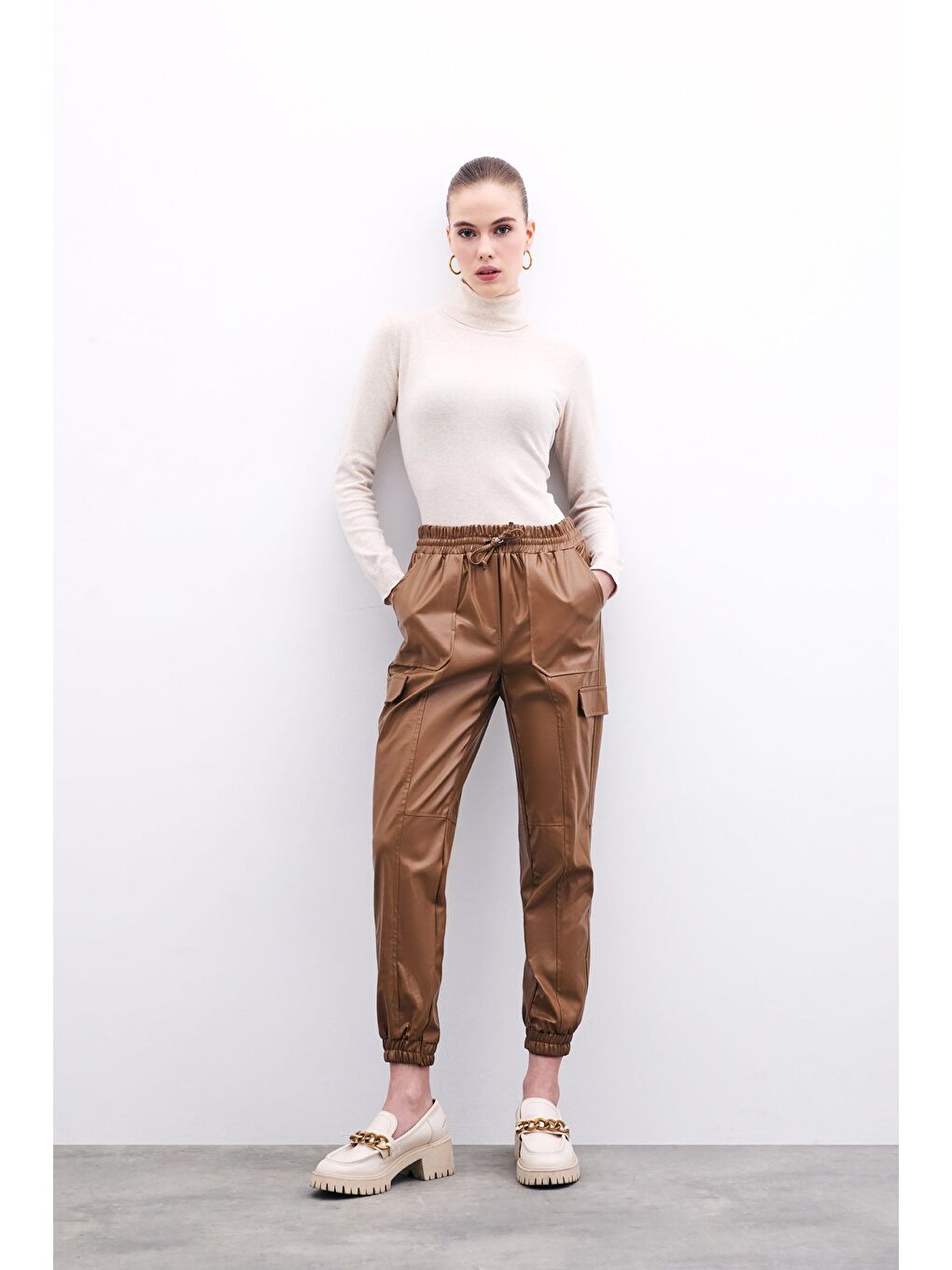 Deri Jogger Pantolon - Bej-1