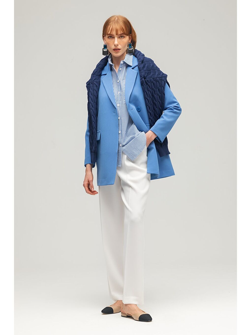 İndigo Kadın Tek Düğmeli Dokuma Kruvaze Blazer Ceket - Kuşaklı-3