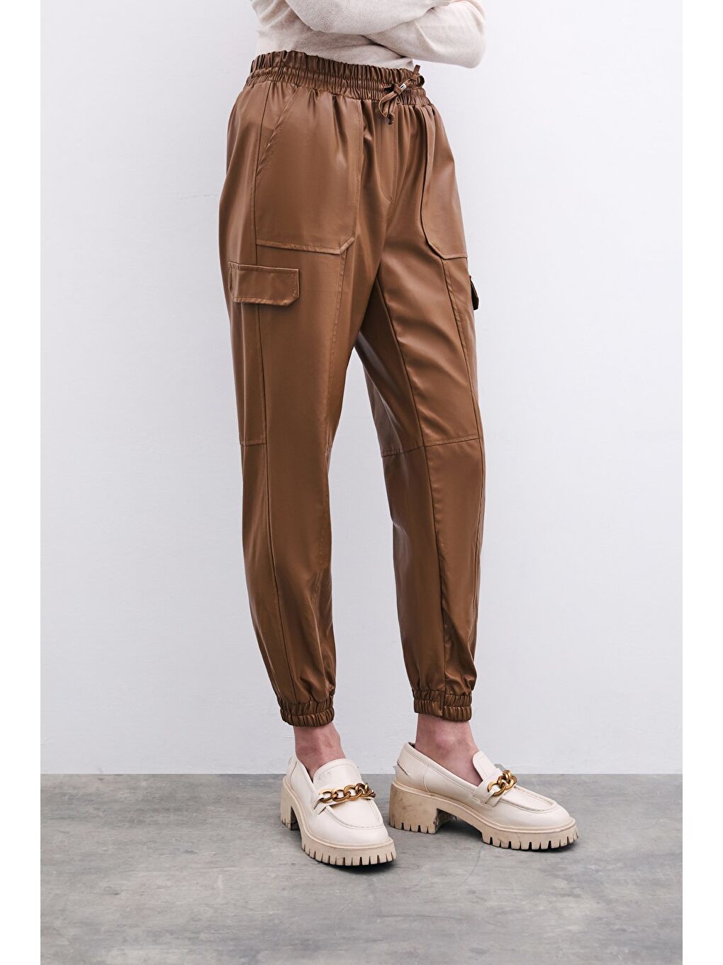 Deri Jogger Pantolon - Bej-2