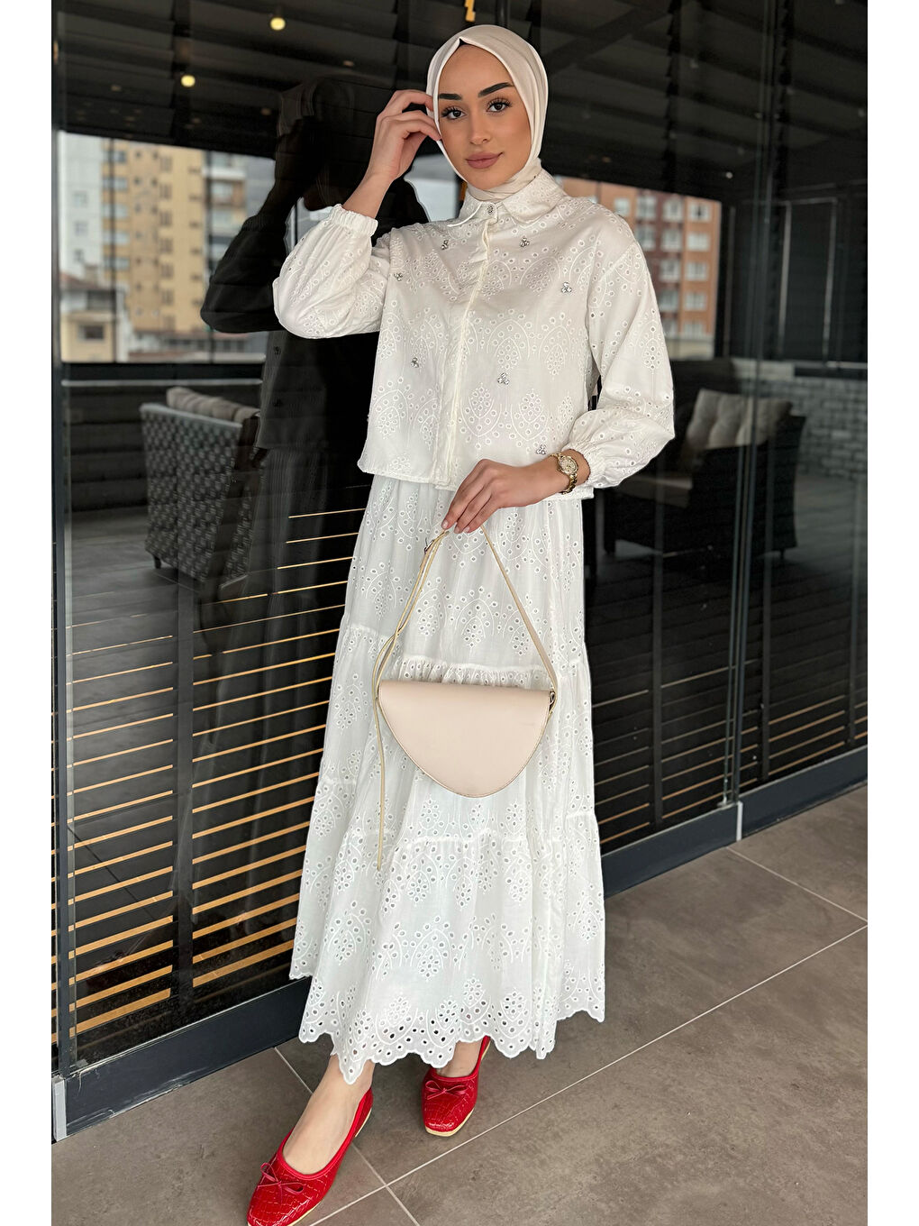 Ekru Kadın Taşlı Ve Fistolu Gömlek Etek Tesettür İkili Takım-1