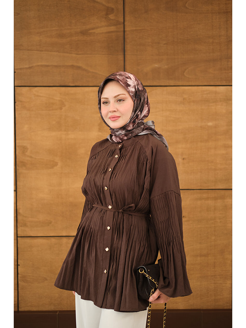 Kadın Martha Düğmeli Belden Bağlamalı Gömlek Kahverengi-4