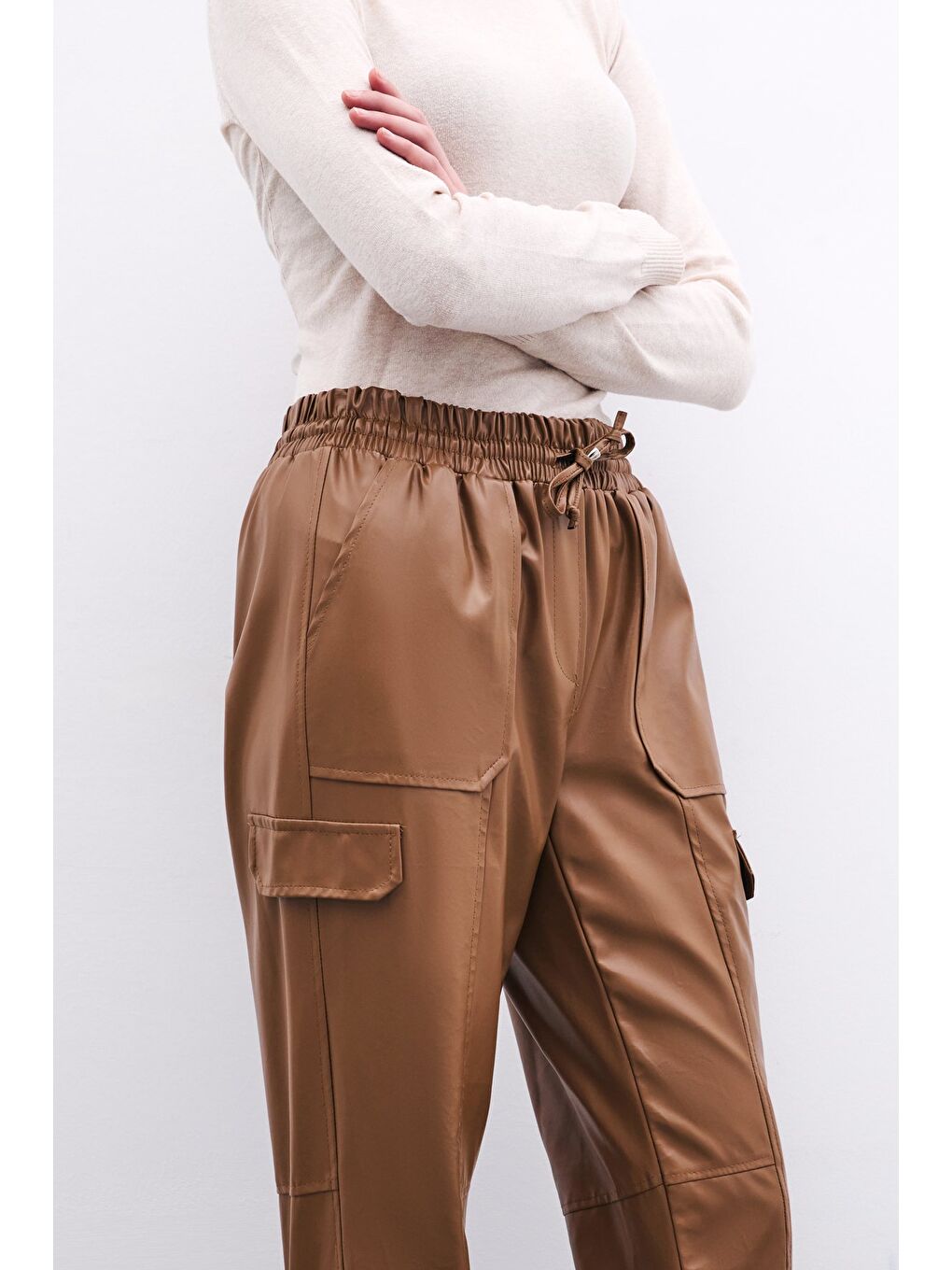Deri Jogger Pantolon - Bej-3