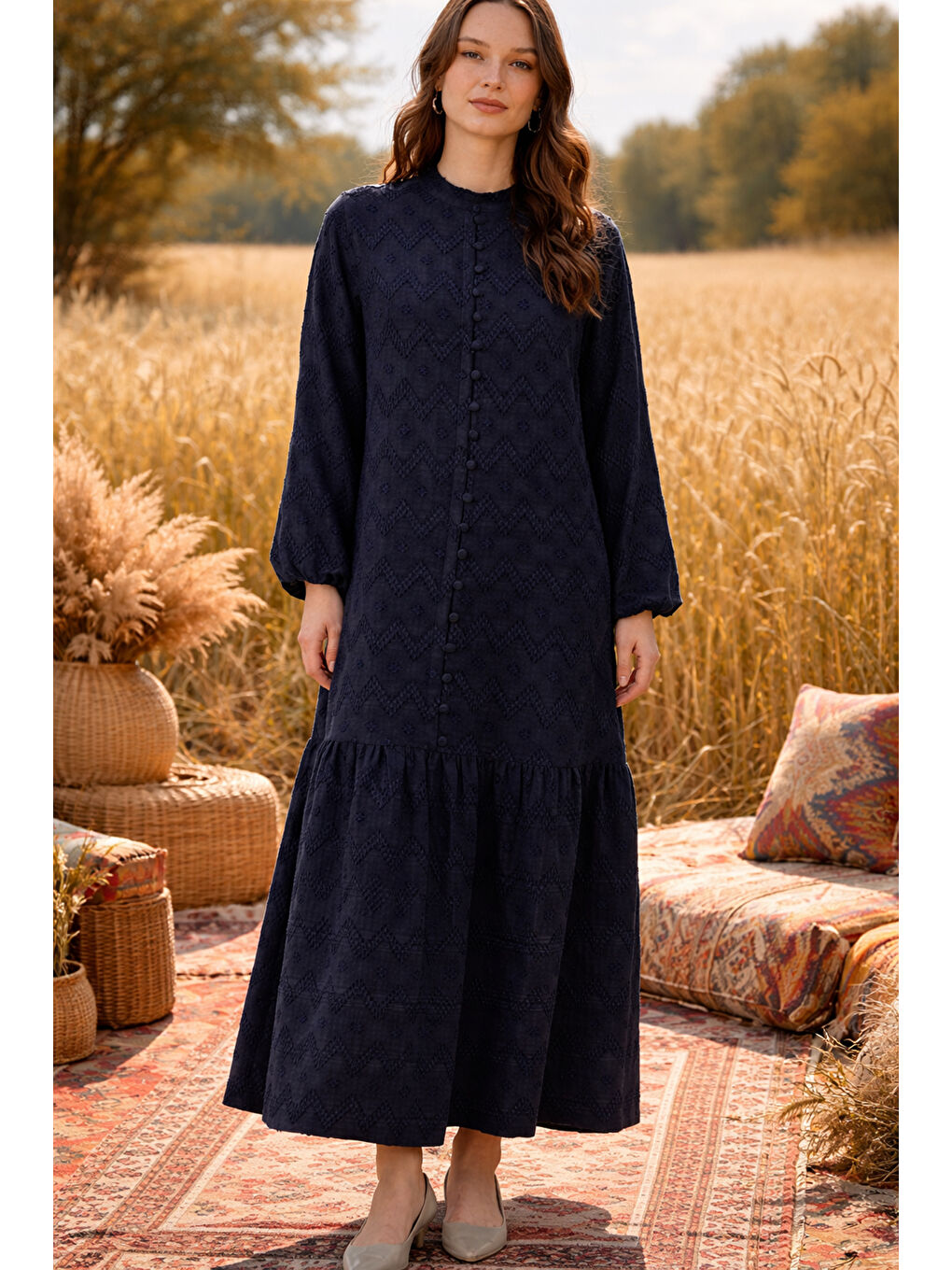 Güpür ve Jean Detay Uzun Elbise 2026 Lacivert-1