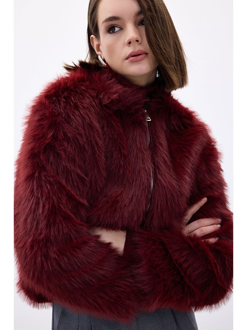 Fermuarlı Kürk - Bordo-6