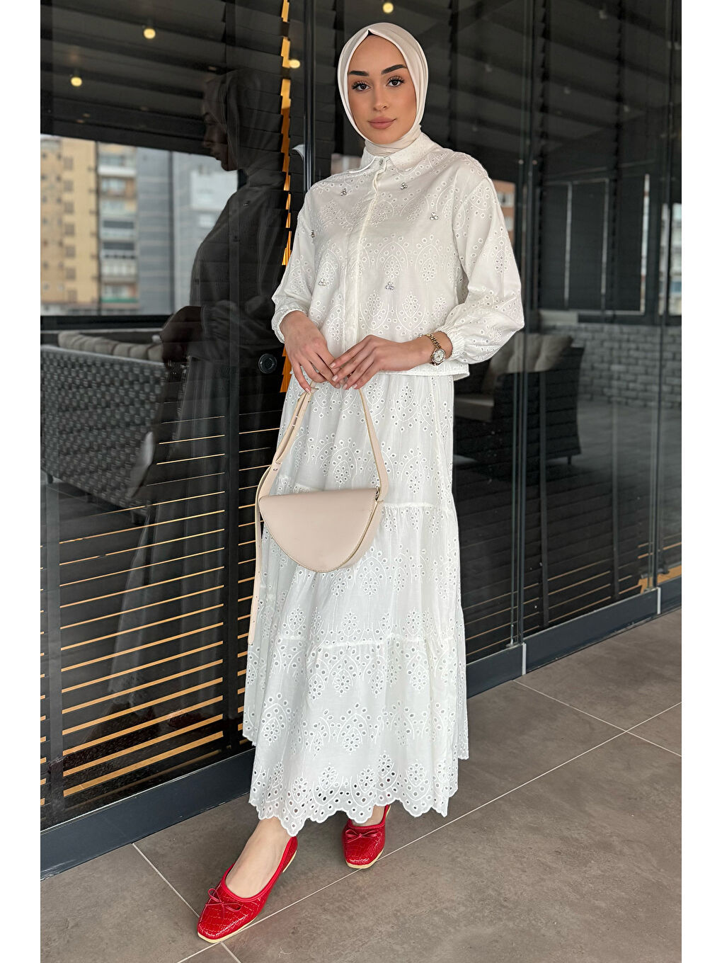 Ekru Kadın Taşlı Ve Fistolu Gömlek Etek Tesettür İkili Takım-3
