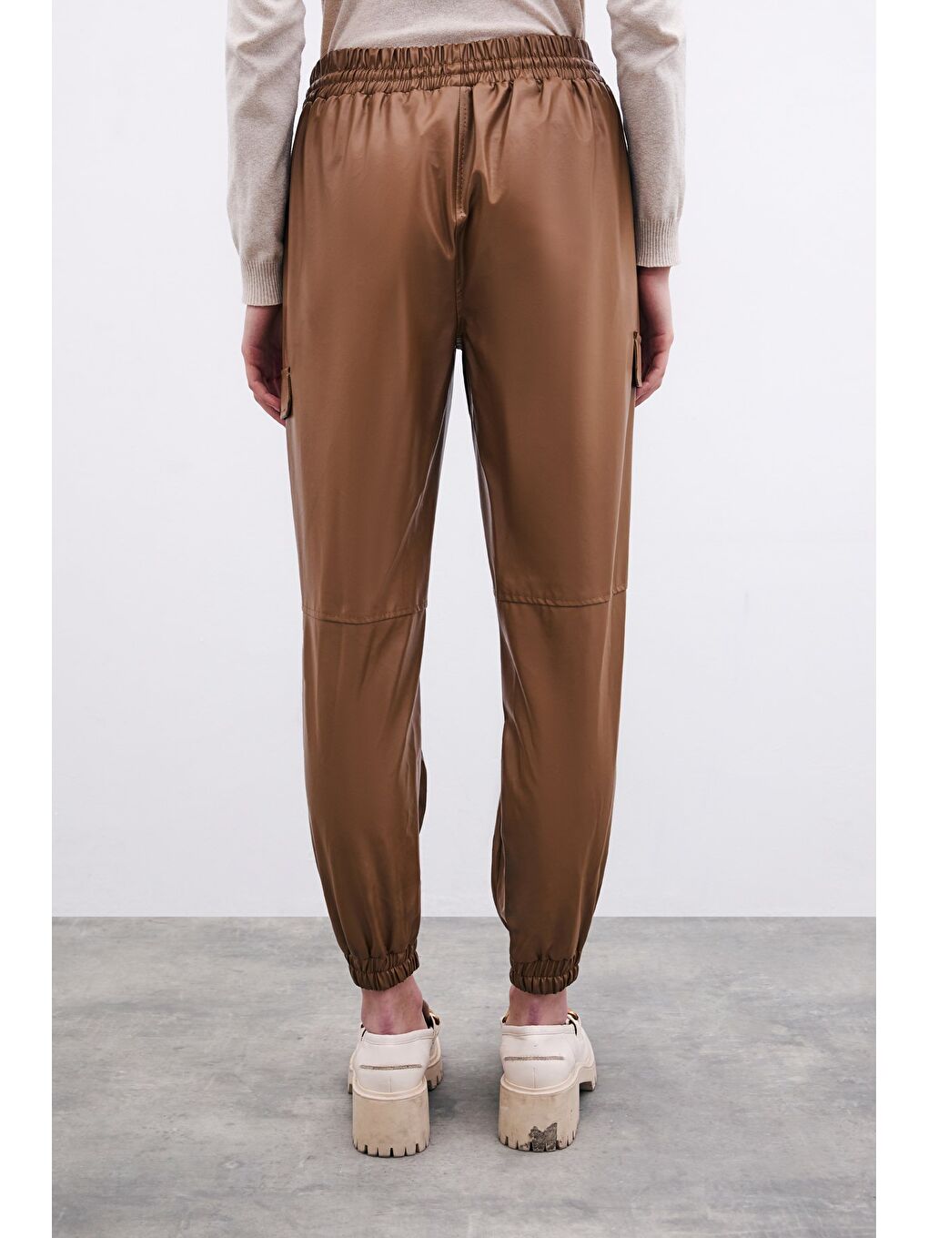 Deri Jogger Pantolon - Bej-4