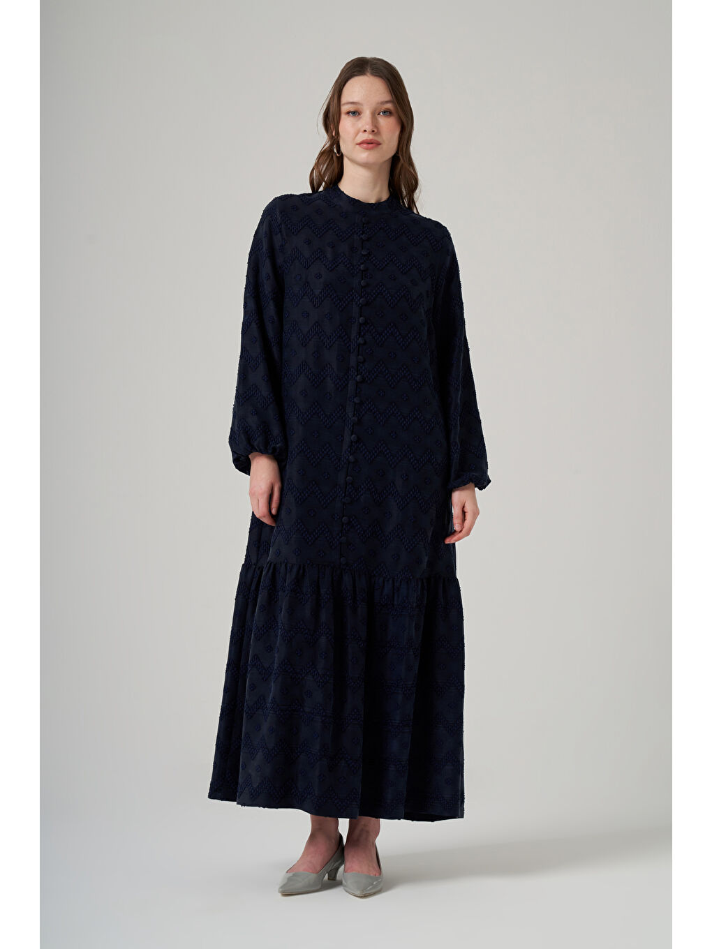 Güpür ve Jean Detay Uzun Elbise 2026 Lacivert-2