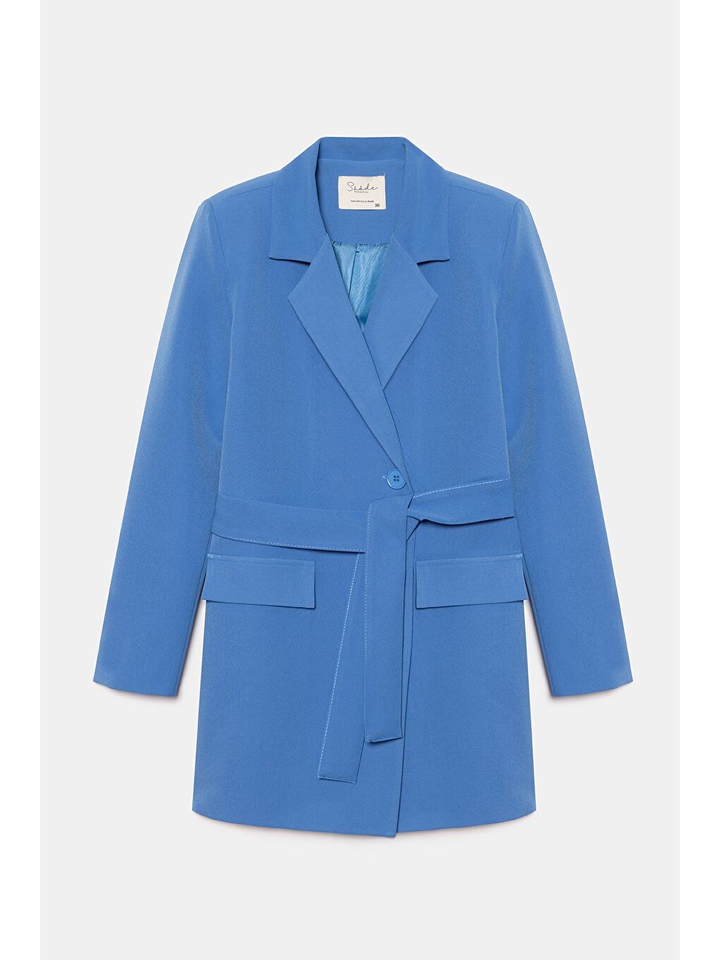 İndigo Kadın Tek Düğmeli Dokuma Kruvaze Blazer Ceket - Kuşaklı-4