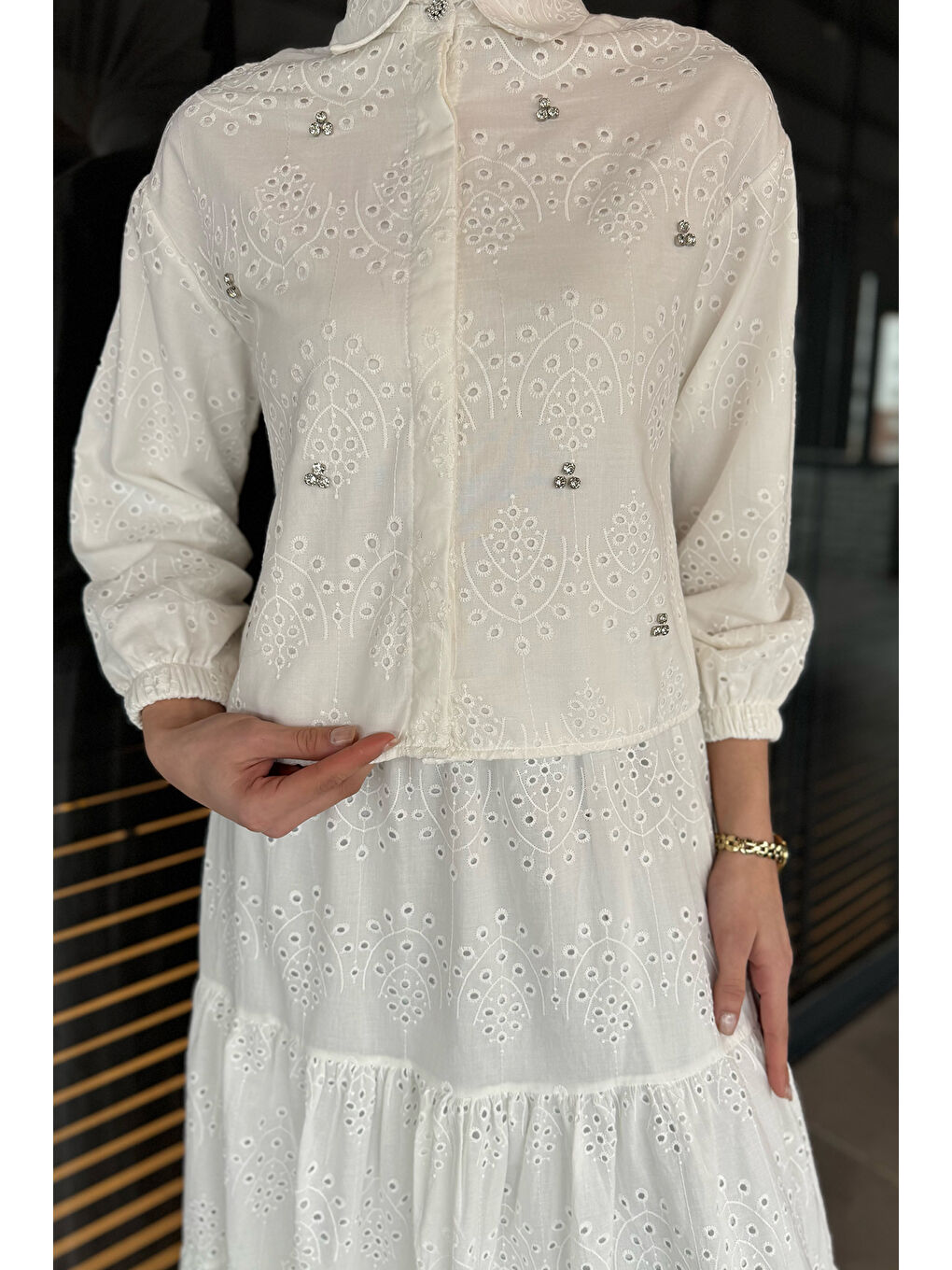 Ekru Kadın Taşlı Ve Fistolu Gömlek Etek Tesettür İkili Takım-4