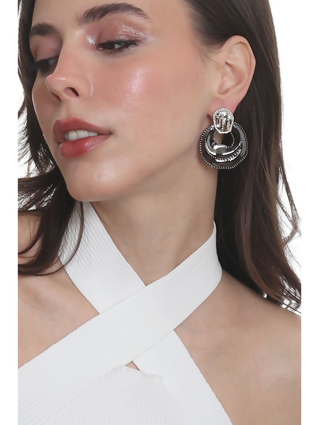 Antrasit Kadın Çift Renk Yaprak Dokulu Çivili Model Çanta Formlu Küpe-2