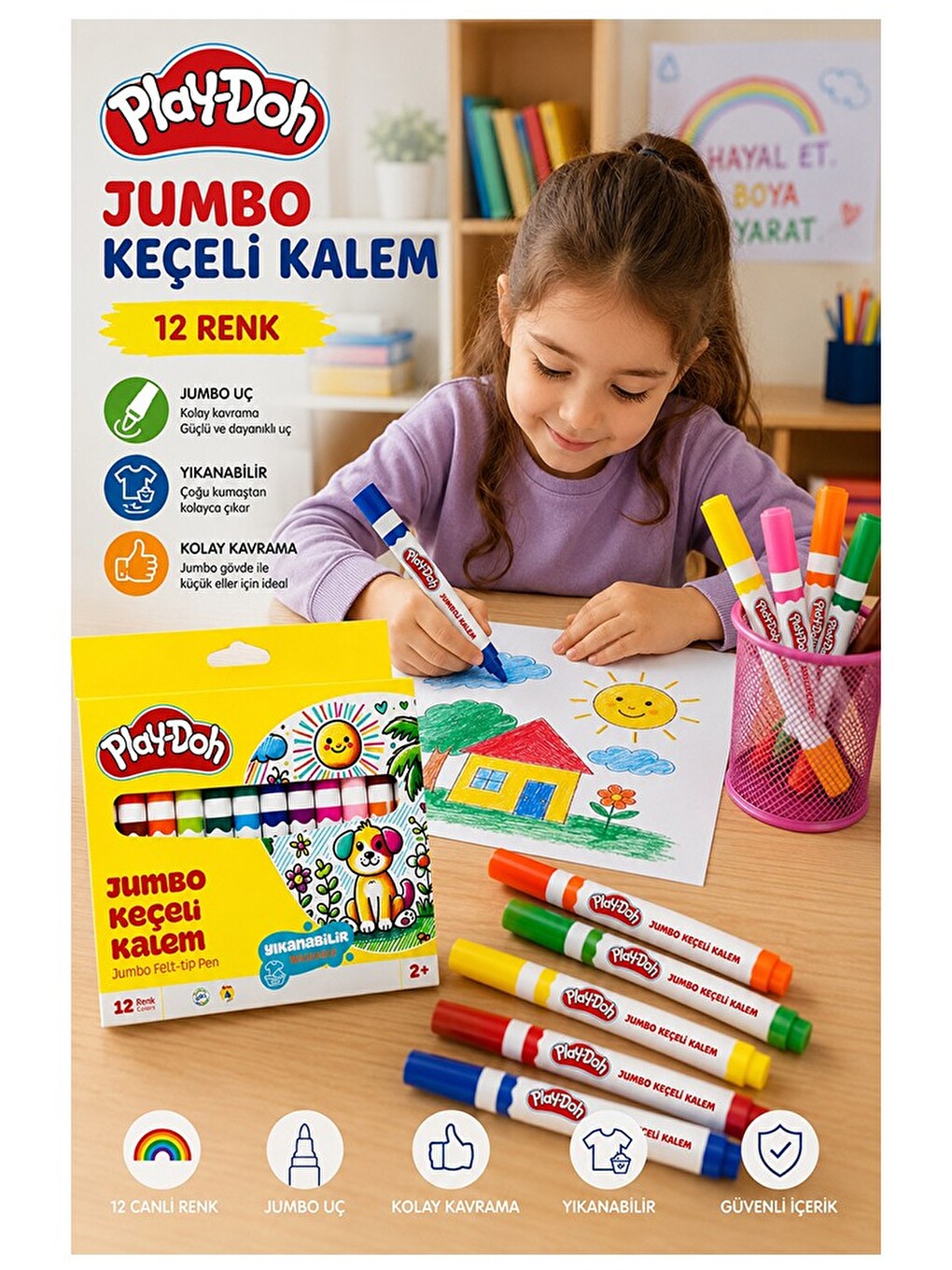 Keçeli Kalem 12 Renk Jumbo 1 Paket 12 Li Keçeli Kalem Canlı Renkler Yıkanabilir