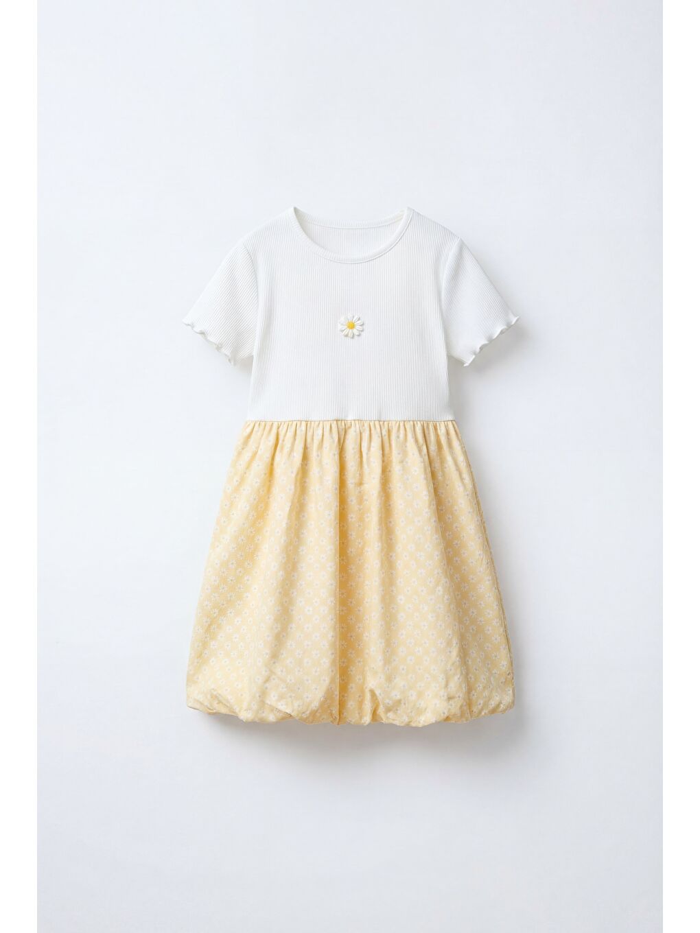 Kız Çocuk Pamuklu Ekru Sarı Papatya Detaylı Elbise - Desenli Balon Etekli