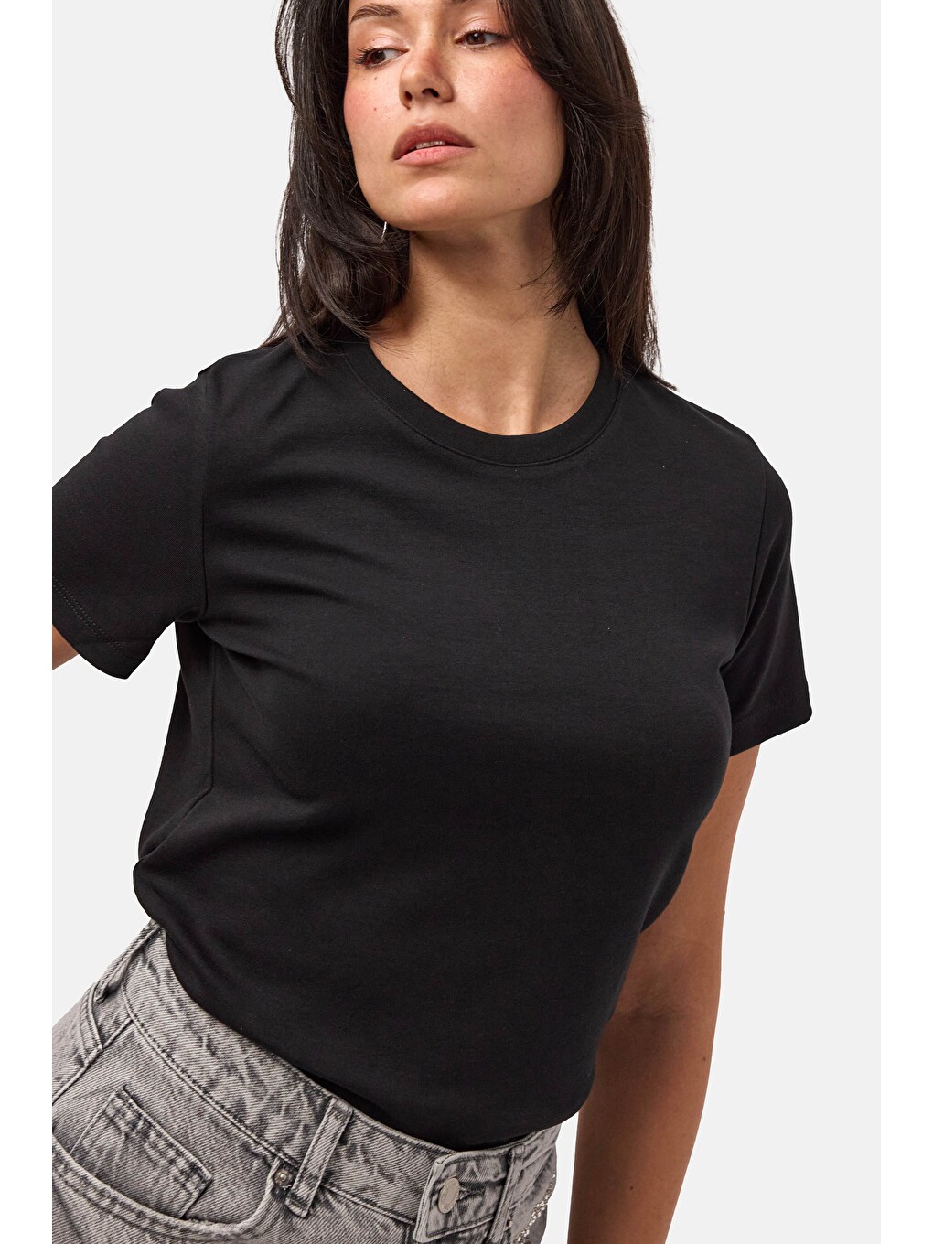 Kadın Siyah s6-1 Bisiklet Yaka Organik Pamuk T-Shirt-1