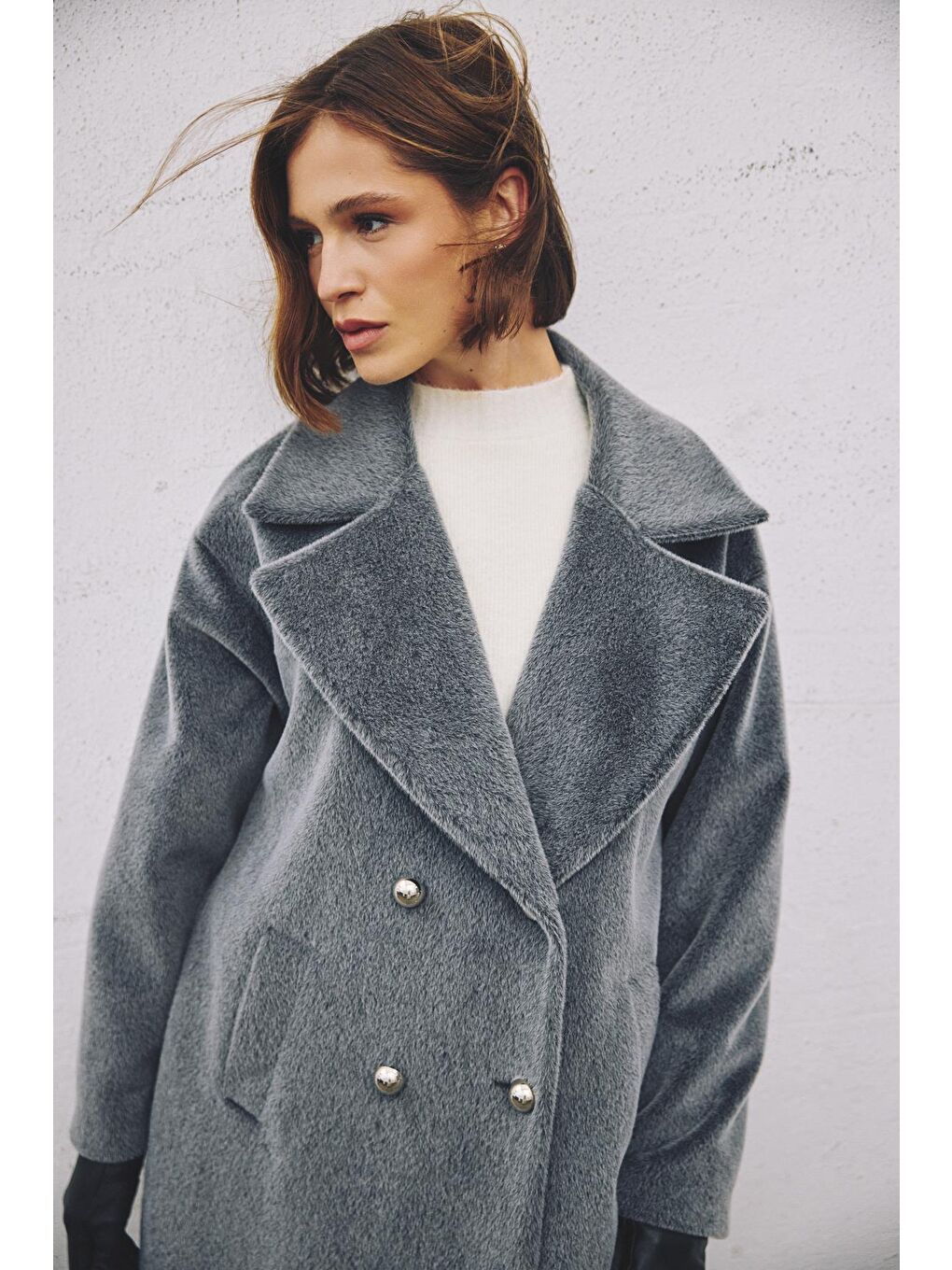 Düğme Detaylı Uzun Kaban - Antrasit-4