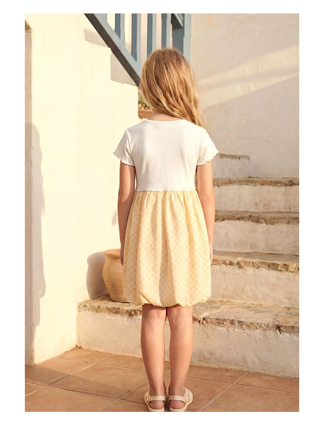 Kız Çocuk Pamuklu Ekru Sarı Papatya Detaylı Elbise - Desenli Balon Etekli-2