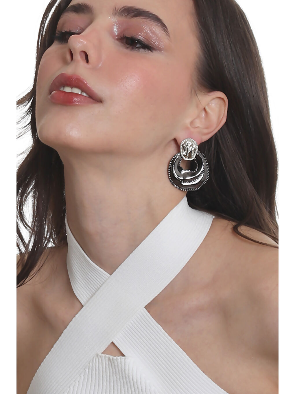 Antrasit Kadın Çift Renk Yaprak Dokulu Çivili Model Çanta Formlu Küpe-5