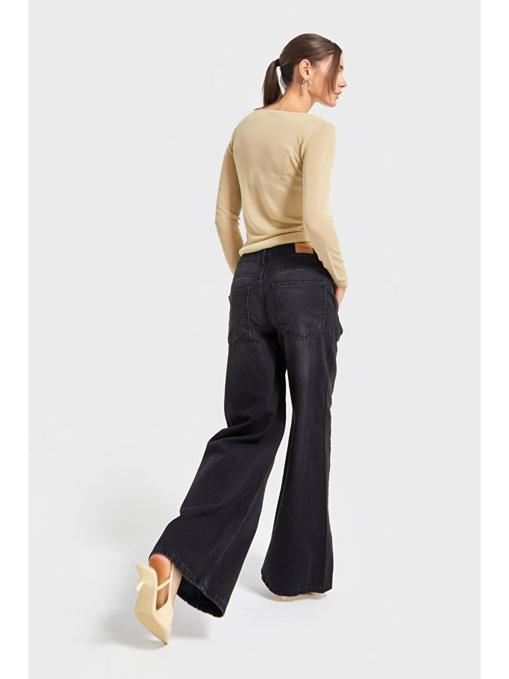 Gri Kadın Koyu Füme Renk 2w5-1 Palazzo Fit Bol Kesim Cep Detaylı %100 Pamuk Denim Jean-2