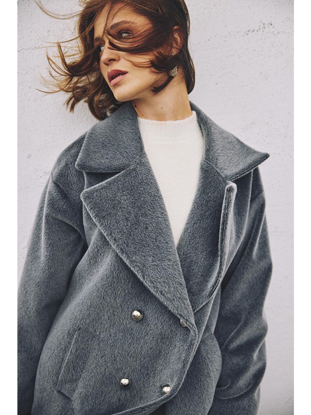 Düğme Detaylı Uzun Kaban - Antrasit-5