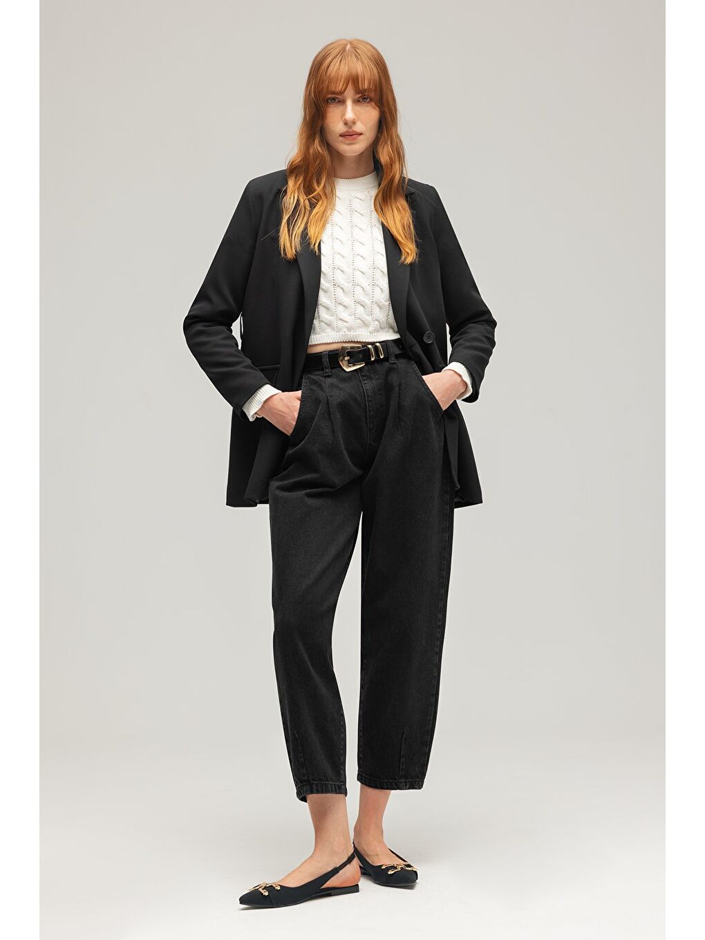 Siyah Kadın Tek Düğmeli Dokuma Kruvaze Blazer Ceket - Kuşaklı-2