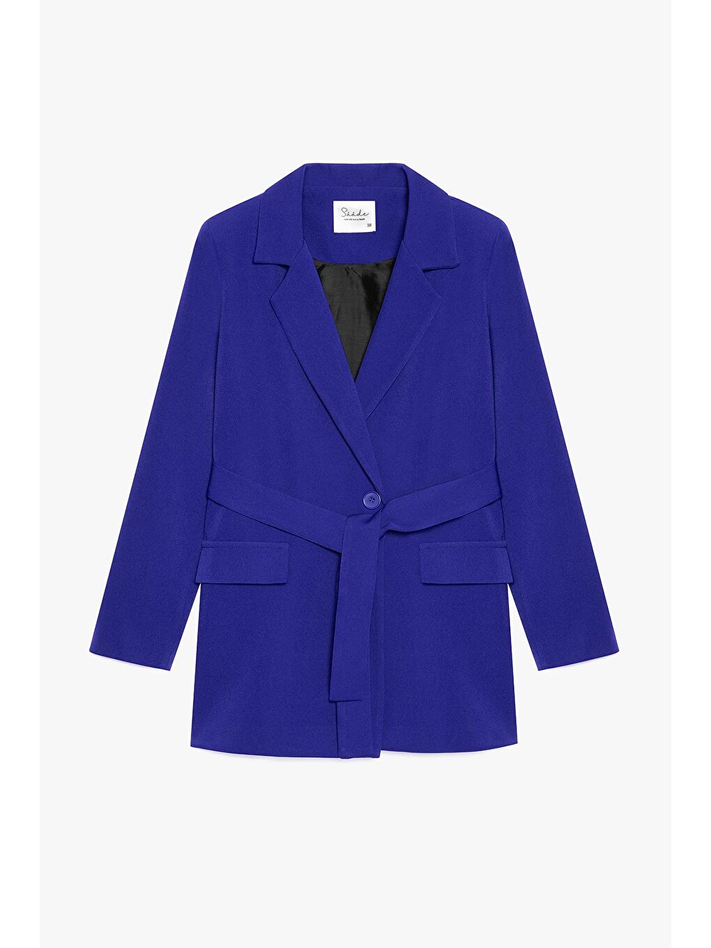 Saks Mavi Kadın Tek Düğmeli Dokuma Kruvaze Blazer Ceket - Kuşaklı